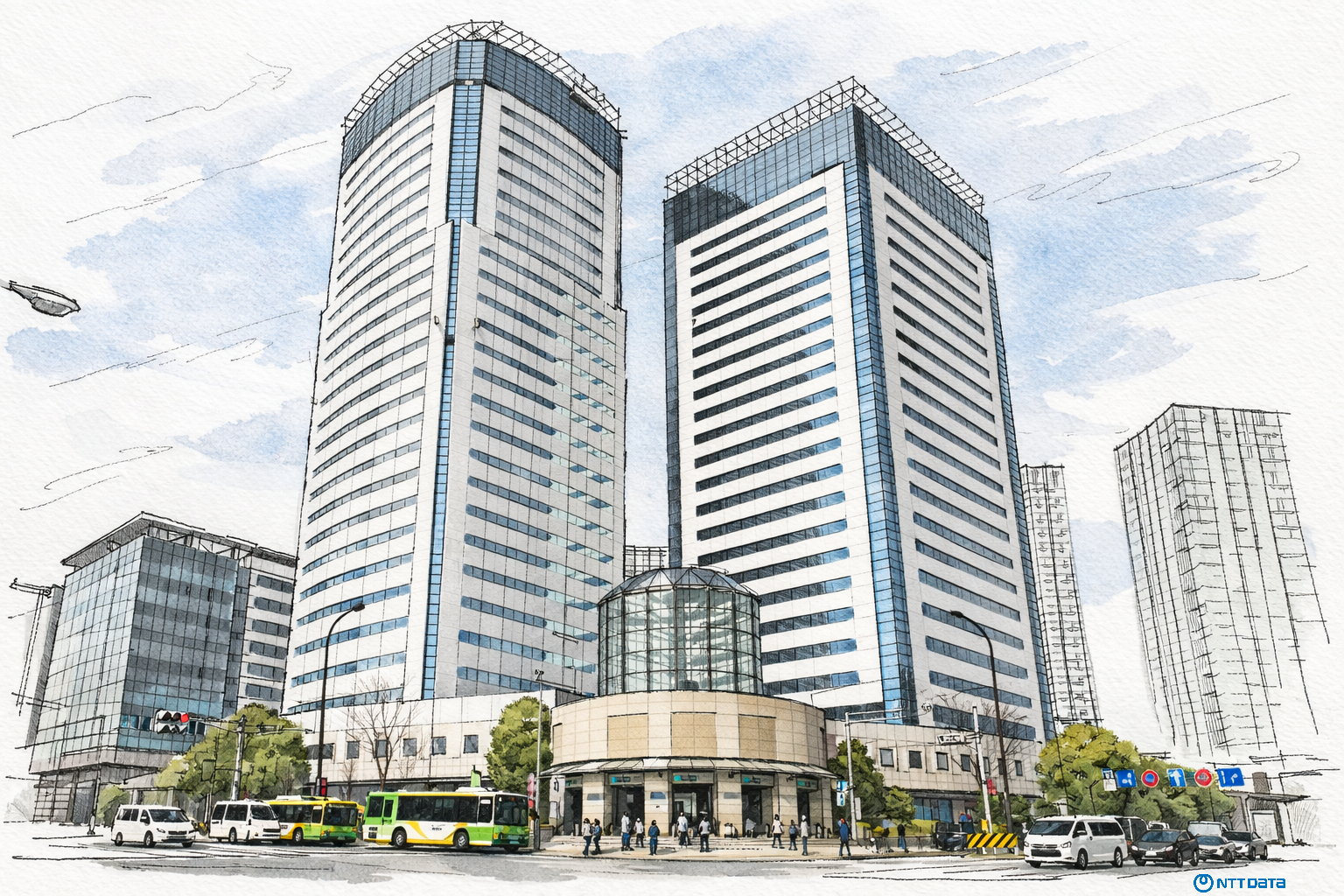 Ilustración en acuarela de las torres NTT DATA