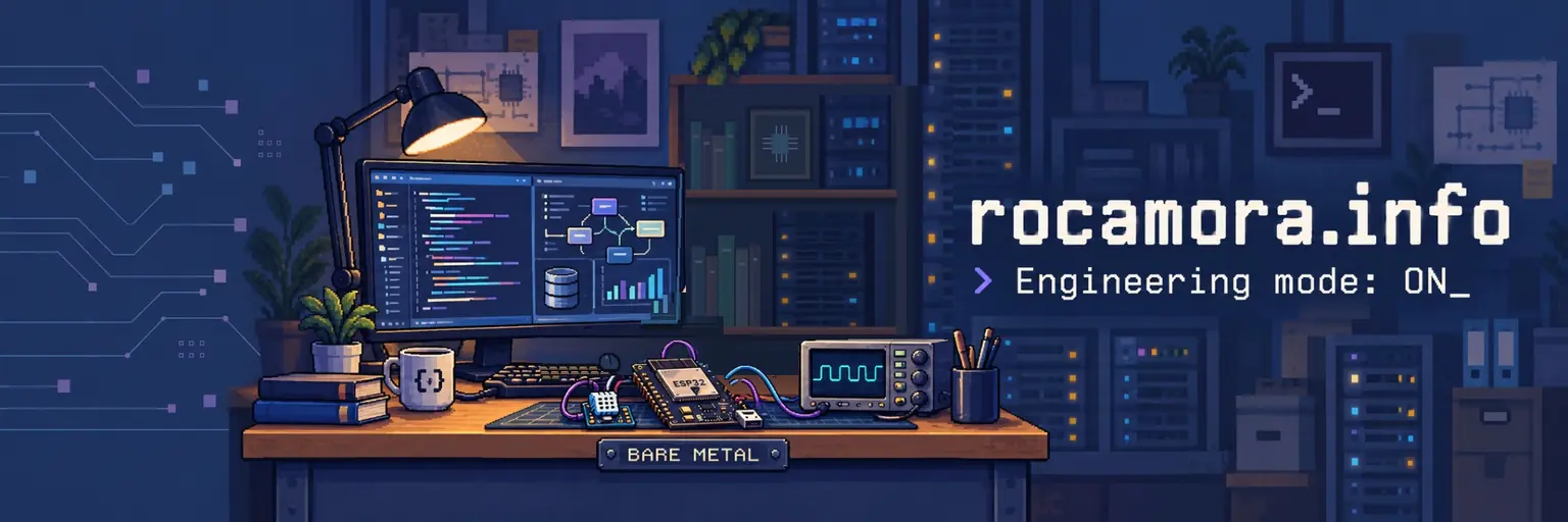 rocamora.info — Engineering mode: ON. Pixel-art desk with code, an ESP32 board and an oscilloscope.